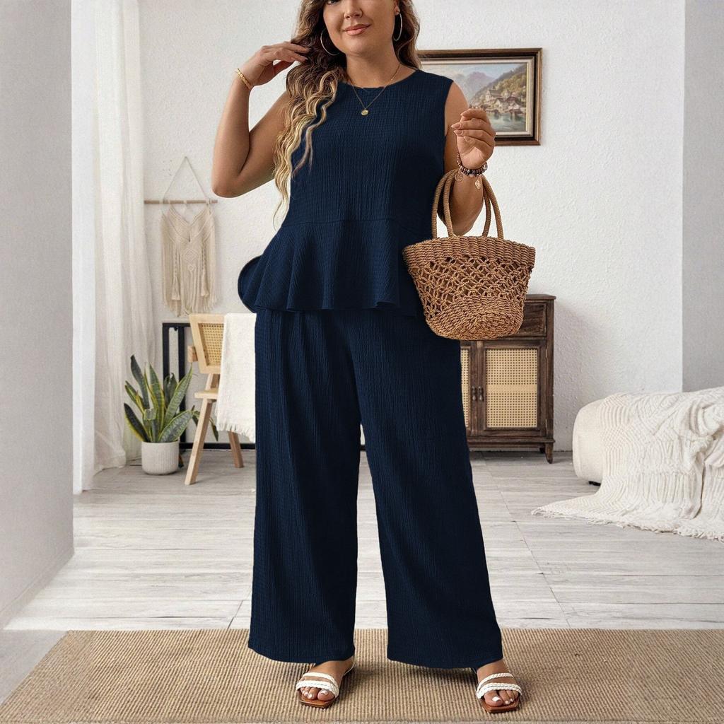 Damski letni casualowy modny top bez rękawów w dużym rozmiarze, luźny i wygodny, spodnie z szerokimi nogawkami, zestaw dwuczęściowy