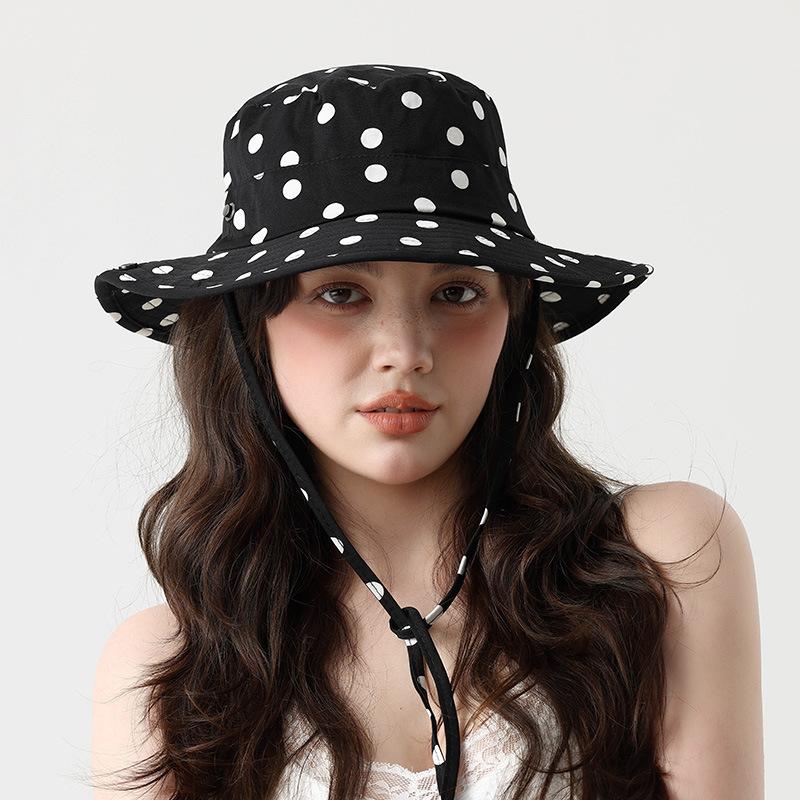 Black Dot Bucket Hats Women Versatile Sweet Lace-up Fisherman's Hat Summer Big Brim Sun Protection UV Protection Sun Hat