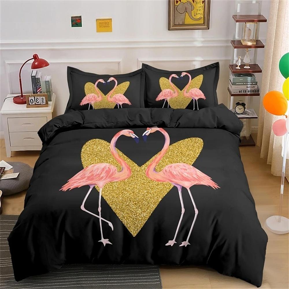 Animal Flamingo King Queen Duvet Cover Cartoon Pink Tropical Bird Bedding Set for Kids Teens Aduls Blue Soft 2/3pcs Quilt Cover