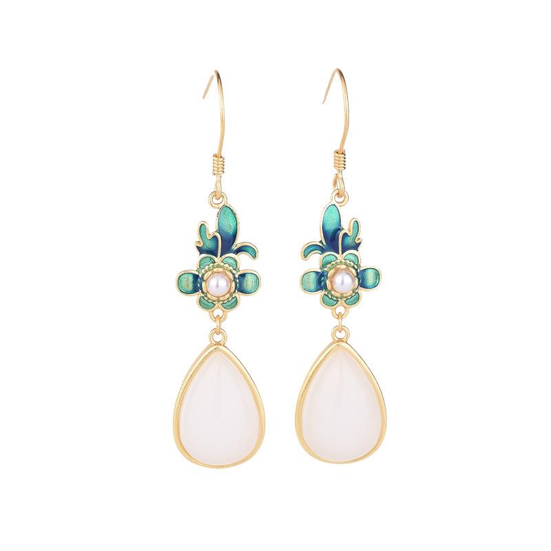Guochao Cloisonné Enamel & Hetian Jade Gold-Plated Retro Earrings