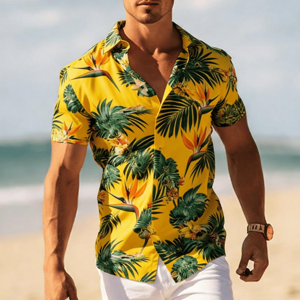Men's Tropical Floral Print Short Sleeve Shirt, Spring Summer Cool Vacation