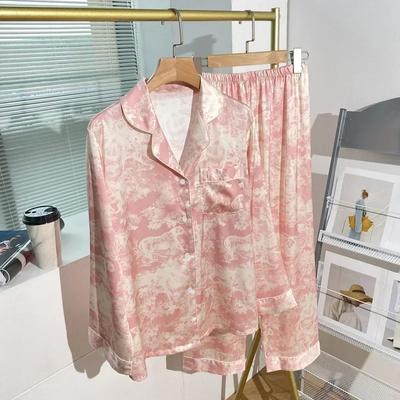 French High-class Printed Pajamas for Women's Spring and Autumn New Lazy Style Sweet Homewear Silk Pajamas for Women Sleepwear