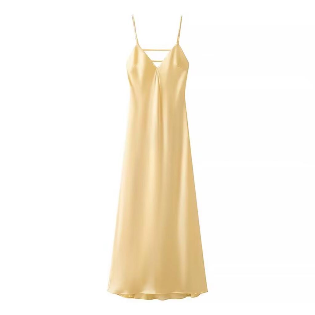 Women Summer Yellow Stain V Neck Sling Dress Elegant Sleeveless Loose Maxi Robes 2025 New Ladies Party Holiday Dresses