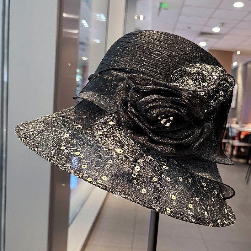 New women's fresh and versatile mesh sequin printed lace flower sun hat vacation travel sun protection