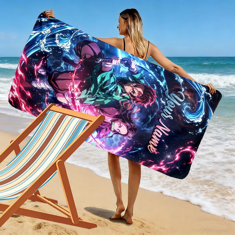 Name Custom Nezuko Print Beach Towel, Large Soft Quick Dry Towel for Beach Camping Swimming