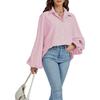 Women's Elegant Loose Casual Single Breasted Striped Shirt Lantern Sleeve Long Sleeve Lapel Shirt