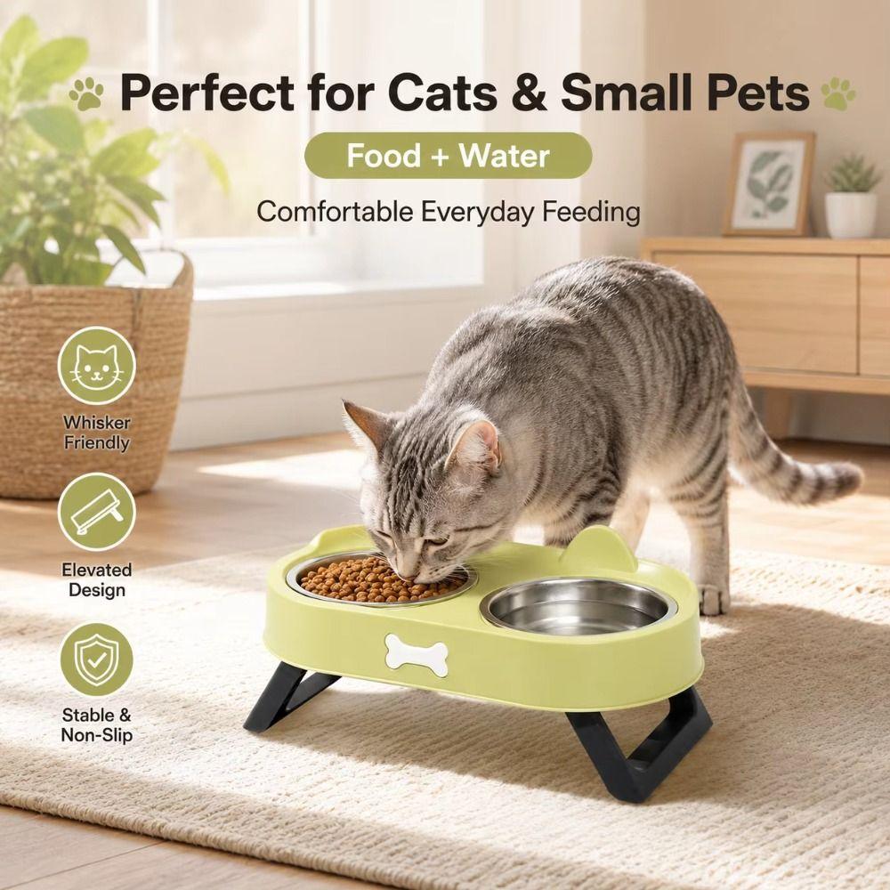 Stainless Steel Raised Pet Feeder Double Bowl Cat Feeding Dish Elevated Cat Bowl For Cats