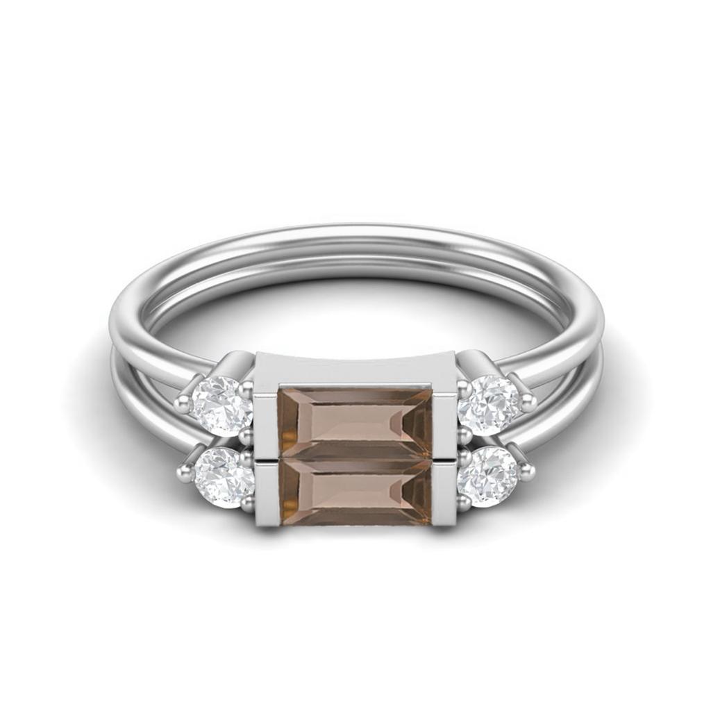 1.52 Ctw Baguette Smoky Quartz 925 Sterling Silver Dual Spilt Shank Women Wedding Ring