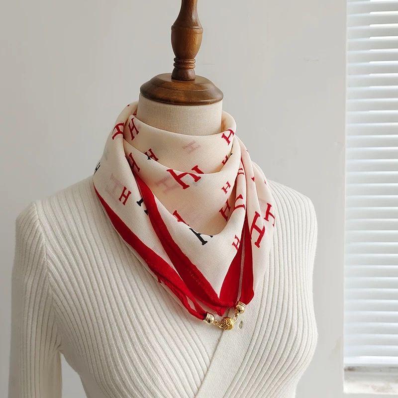 Chic Autumn/Winter Silk Scarf with Magnetic Golden Ball Clasp – Korean Style Neck Warmer