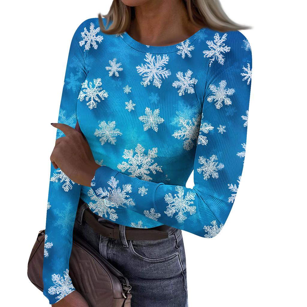 Women's Fashion Slim-Fit Round Neck Base Layer T-Shirt Christmas Print Long-Sleeved Top