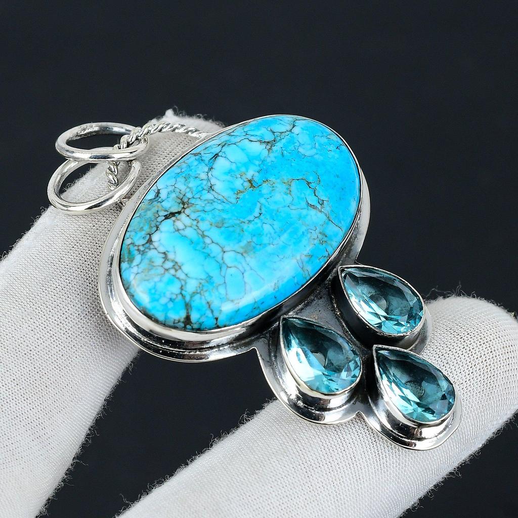 Tibetan Turquoise, Swiss Blue Topaz Gemstone Silver Pendant, 925 Sterling Silver Jewelry Pendant, Natural Turquoise Pendant For Women/ Gifts