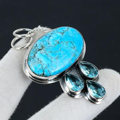 Tibetan Turquoise, Swiss Blue Topaz Gemstone Silver Pendant, 925 Sterling Silver Jewelry Pendant, Natural Turquoise Pendant For Women/ Gifts