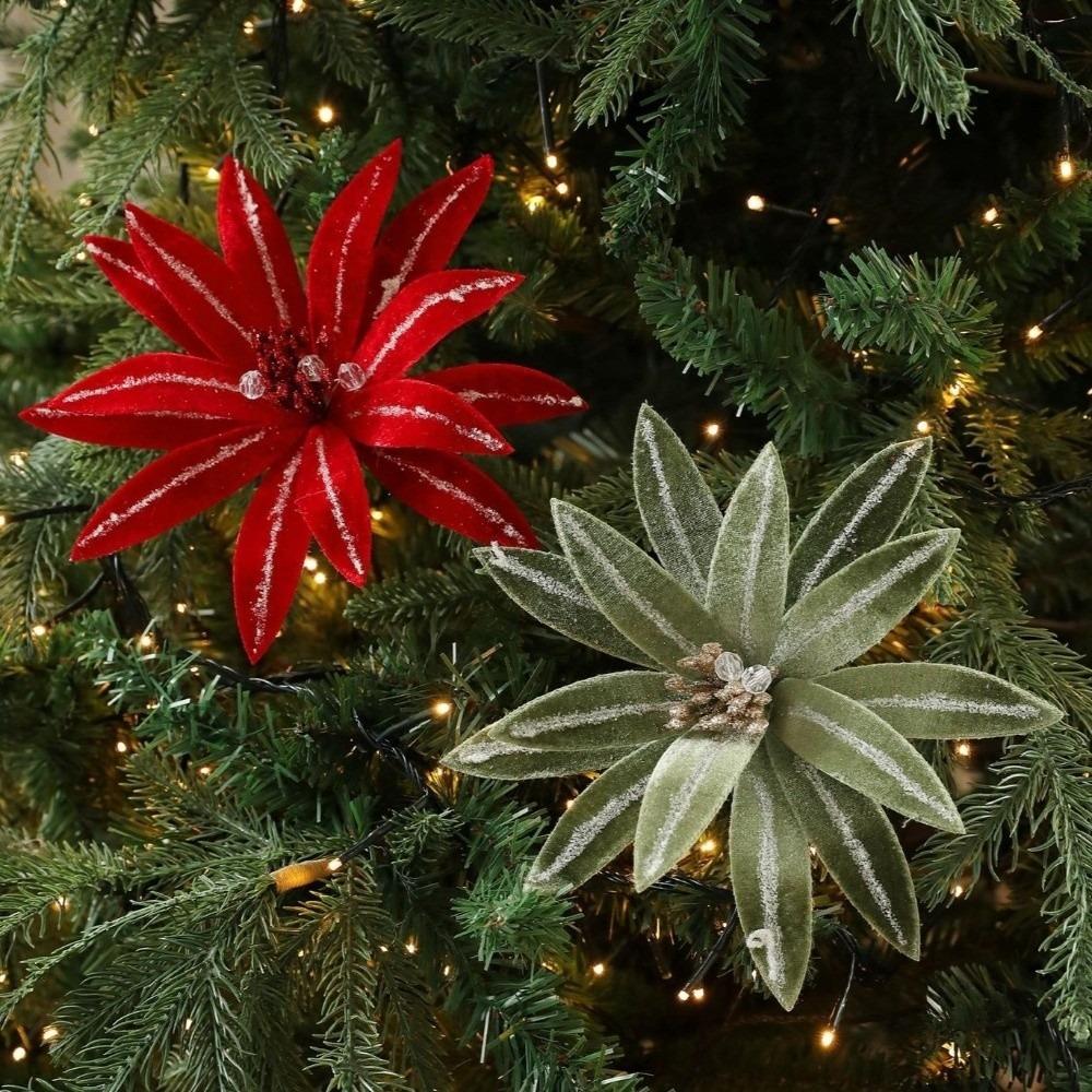 Neue 15CM Künstliche Weihnachtsstern Blume Beflocktes Stoffband Weihnachtsblume Simulationsblumen Weihnachtsbaumzubehör