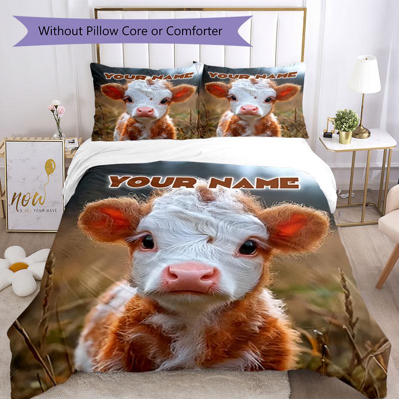 3PC Custom Name Baby Cow Adventure Bedding Set Printed Bedding Set Duvet Cover Closure Includes 1 Duvet Cover & 2 Pillowcases for All Seasons Bedroom