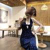 French Neck-hanging Waist Floral Suspender Dress Women's Summer Niche Design Sense Spice Girl Lace Splicing Coffee Break Dress