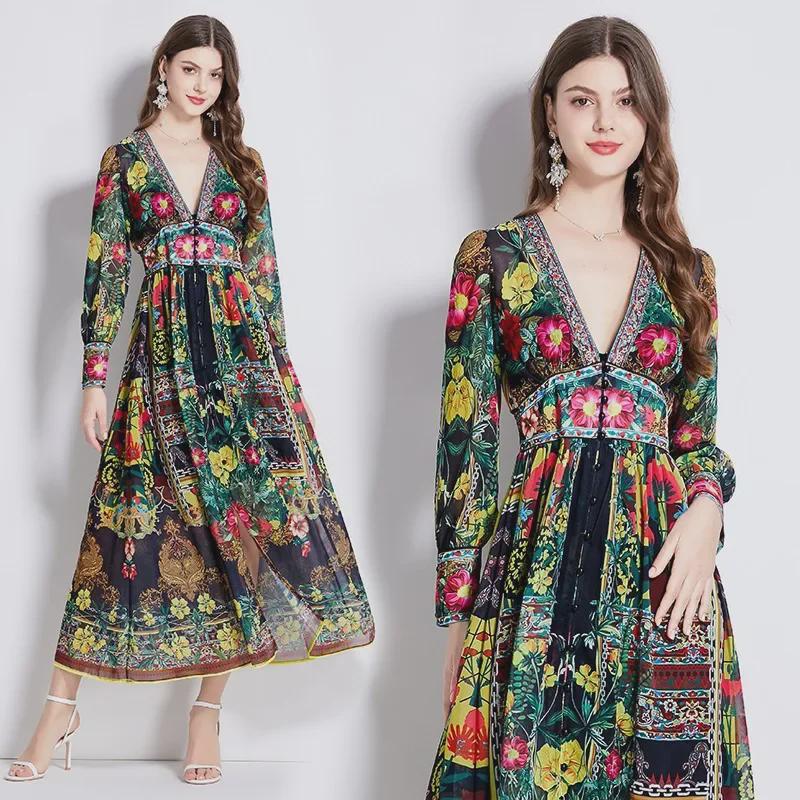 

2024 Early Spring Resort V-Neck Printed Long Sleeve Waist-Cinching Swing Dress Extra Large чёрный