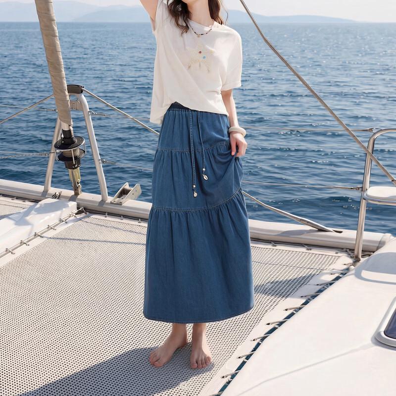 Gonna di Jeans di Cotone a Vita Alta e Linea ad A