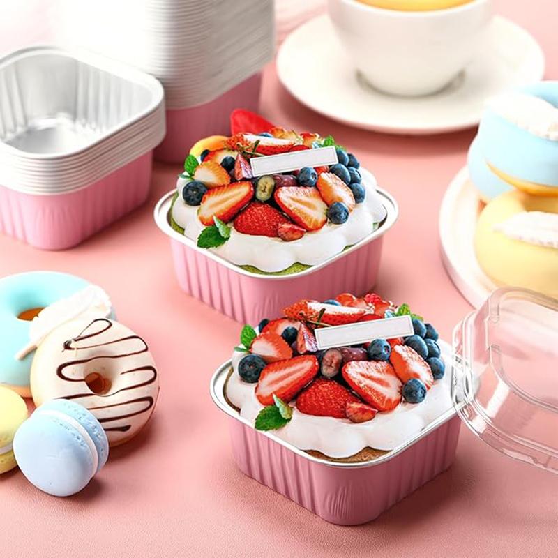 50Pcs Aluminum Foil Mini Square Baking Cups Ramekins Cake Pans Cupcake Baking Cup Containers for Bread Muffin Brownie Cheesecake