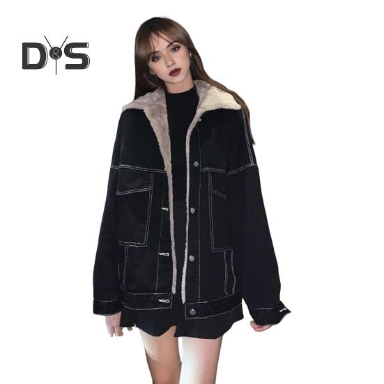 

Женская куртка из плотного плюша с подкладкой из плюша, однотонная, с карманами, отворотами, однобортная, с длинными рукавами, теплая свободная джинсовая куртка, повседневное пальто для активного отдыха S чёрный