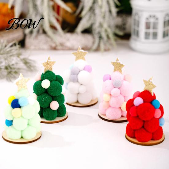 Festive Home Decoration Plush Christmas Tree Ornament, Cute Pom Balls Tree-Shaped Hanging Pendant Round with Star Topper for Wreath Party Handmade