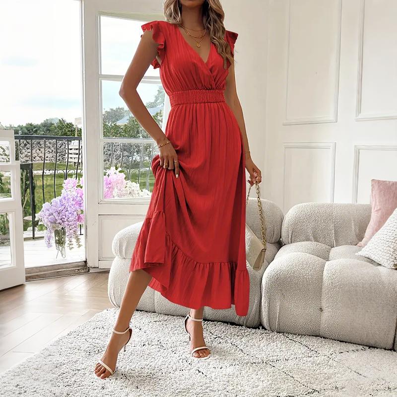 Women Summer Ruffles Short Sleeve V Neck Solid Color Holiday Beach One Piece Dress