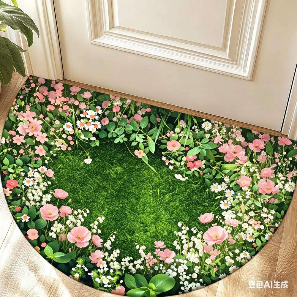 Groen Gras Wilde Bloemen Halve Cirkel Deurmat Bloementuin Welkom Kleed Antislip Entree Vloerkleed voor Huis Portaal Boerderij Decor 50x80cm-Felt