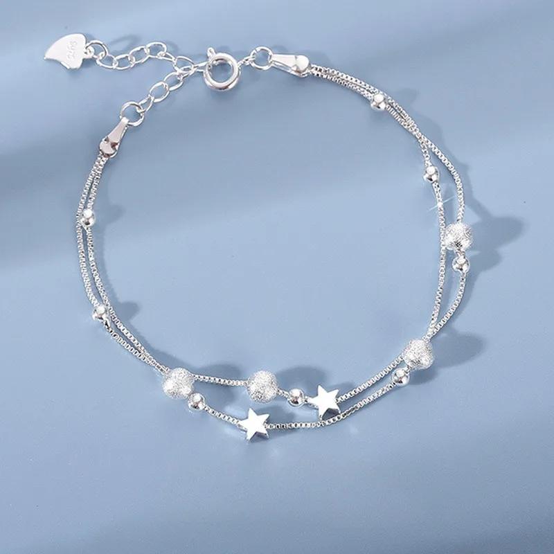 925 Silver Heart Shaped Necklace Bracelet Set for Women Vintage Korean Blue Crystal Bracelets Jewelry Set Party Jewelry