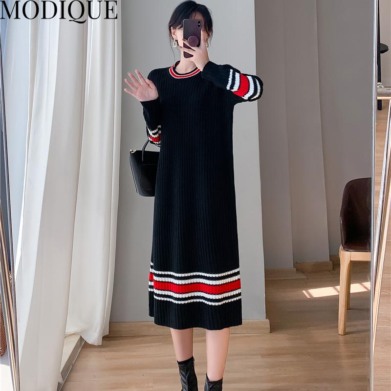 

MODIQUE Весна Плюс Размер Новые Женщины Свободные Основы Винтаж Контрастного Цвета Вязание Свитер Длинные Платья Женское Повседневное Платье С Длинным Рукавом О-Образным Вырезом
