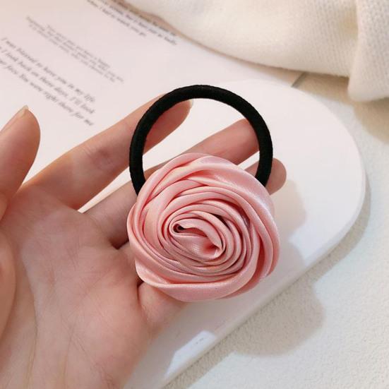 Hair Tie French Style Glossy Satin Rose Flower Decor Handcrafted 3D Petal Design Hair Rope Soft Smooth Fabric Hair Accessory