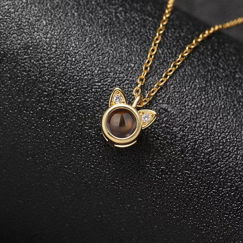 I Love You Cat Pendant Necklace with 100 Languages Projection