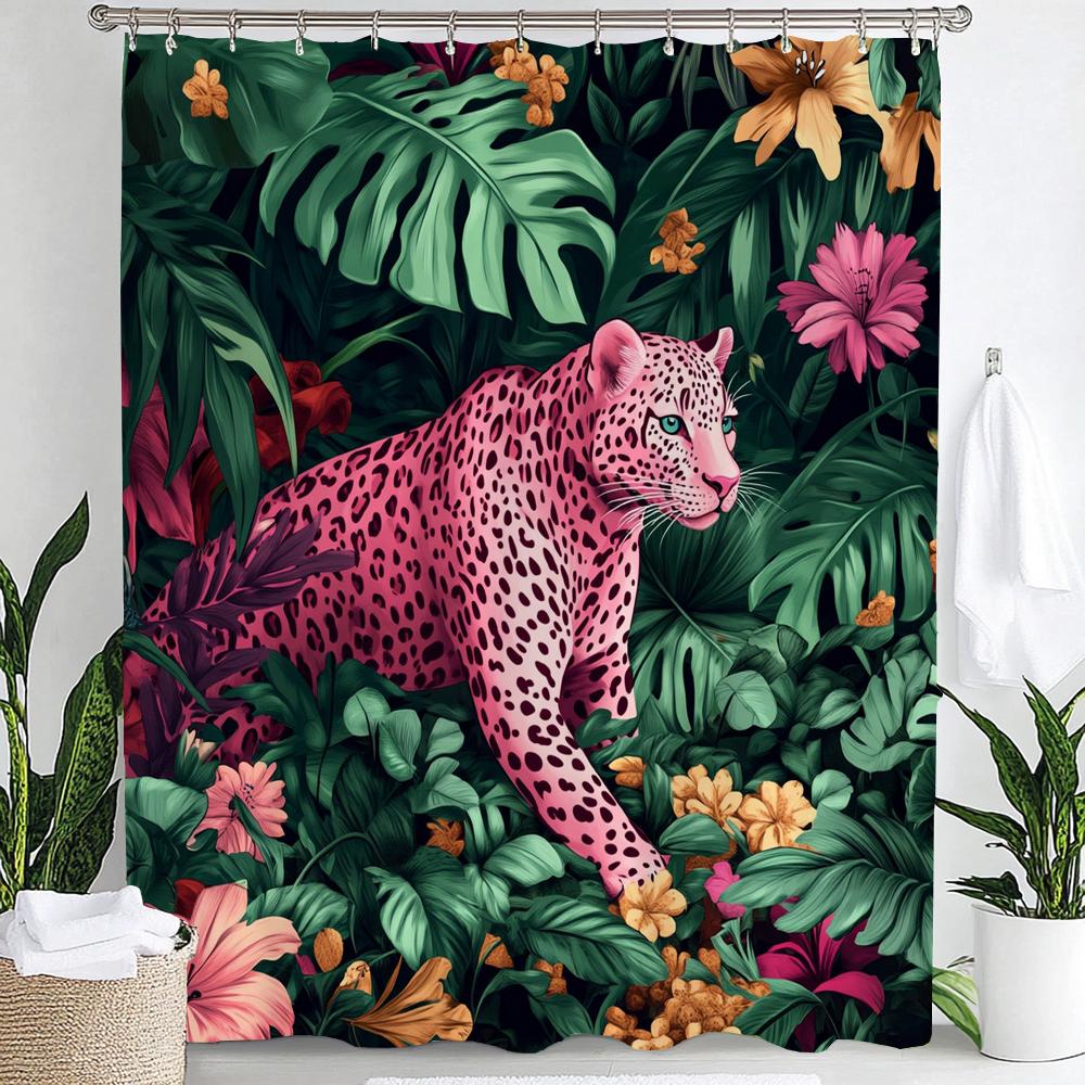 Tropical Plants, Flowers and Pink Leopards Print Waterproof Shower Curtain Hanging Curtain 12 Hooks Decoration Machine Washable