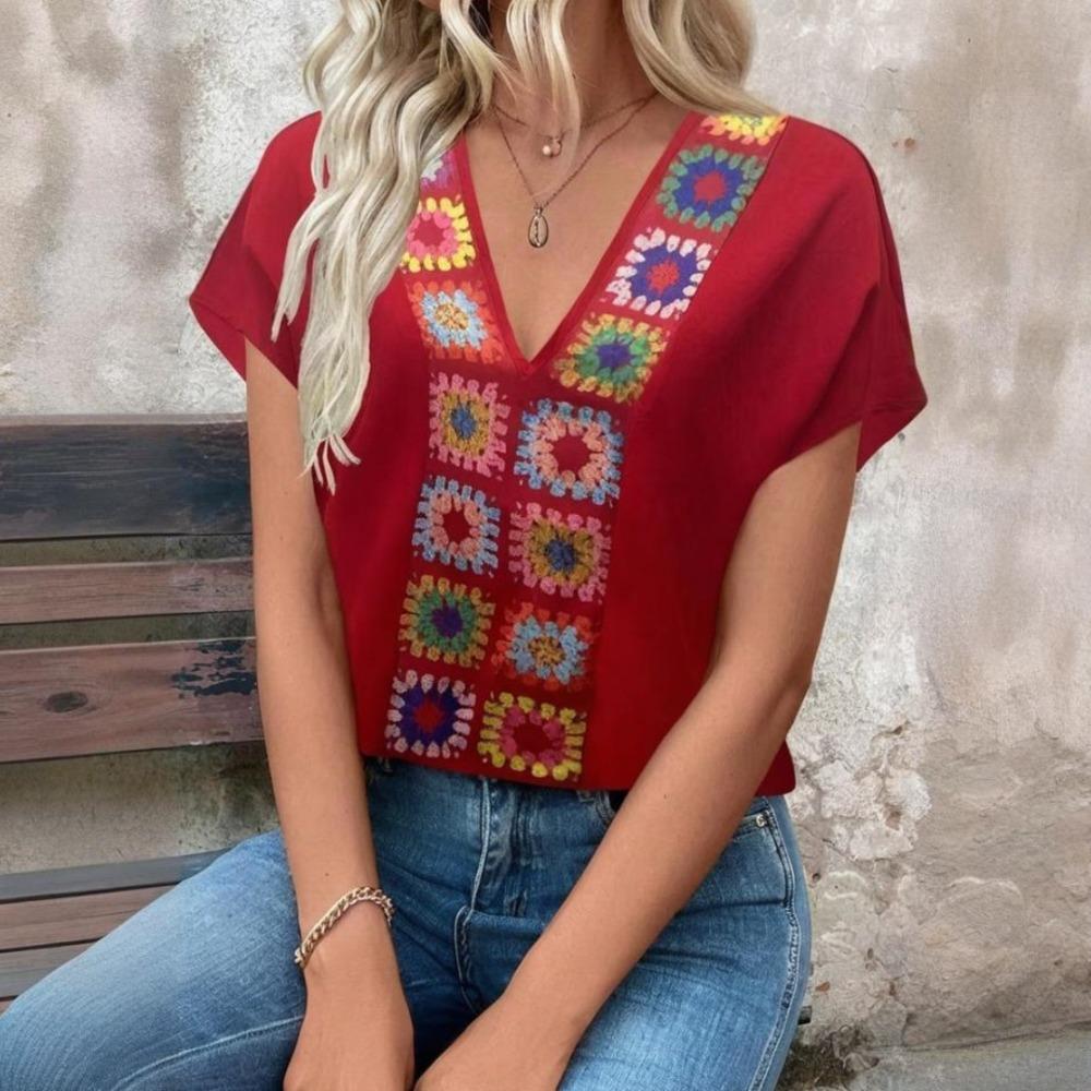 V-neck Women's Short Sleeve T-Shirt Summer Daily Casual Tops OverSize Loose Women's Clothing Flower Print Style Patterns