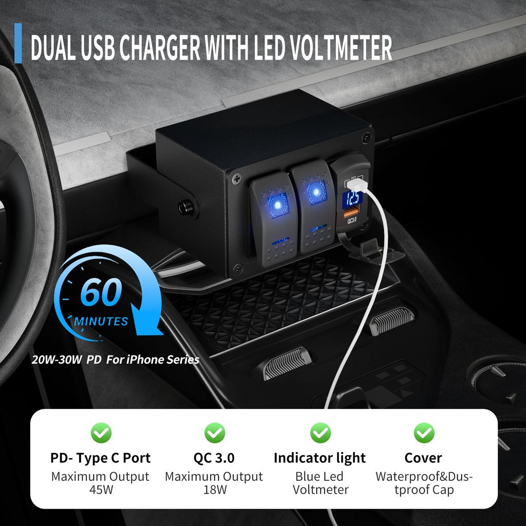 2 Gang Rocker Switch Box Waterproof 12V LED Light Bar Switch Panel SPST ON/Off with Dual USB Outlet for Boat Marine Automotive