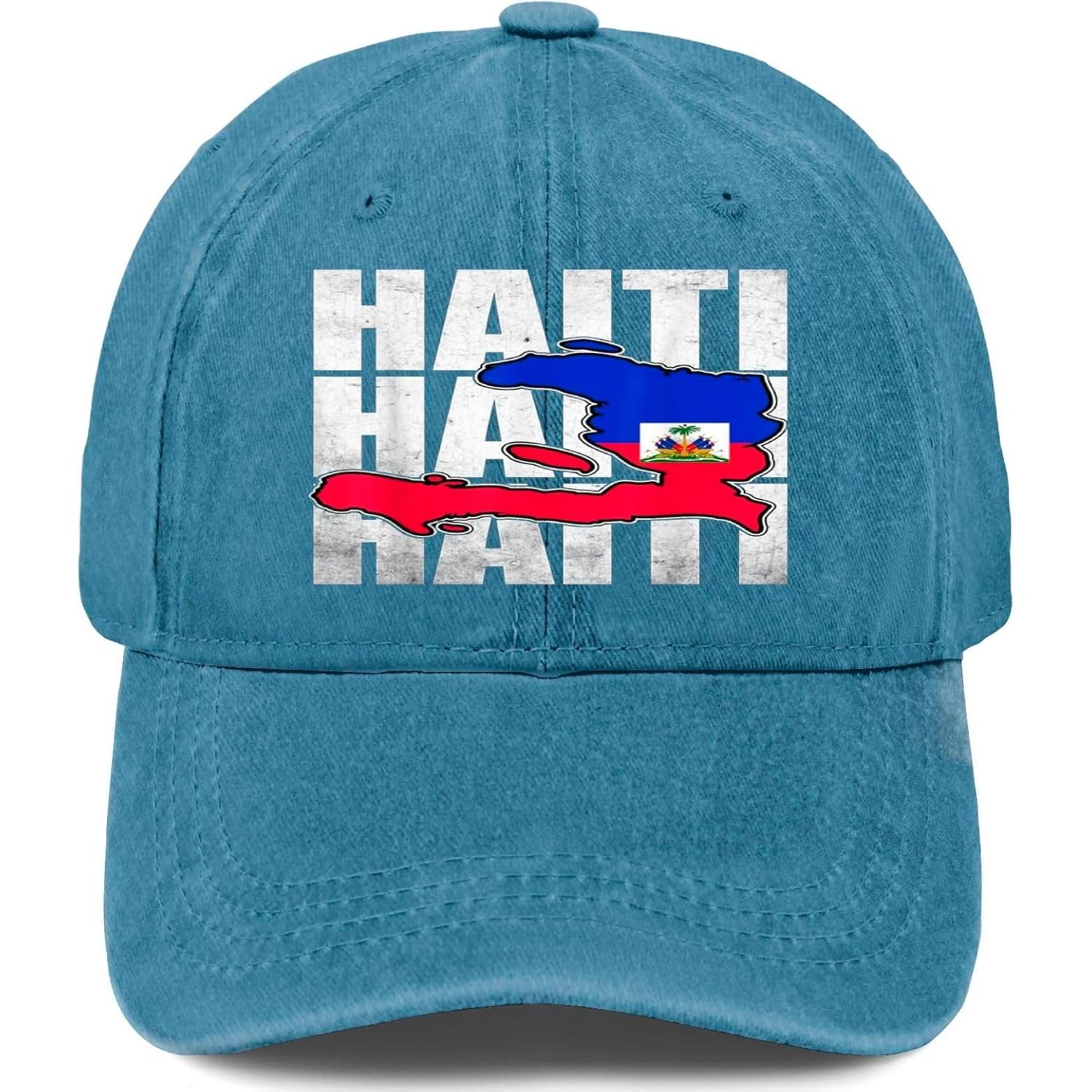 Haiti Flag Map Distressed Baseball Cap Unisex Washed Denim Adjustable Outdoor Casual Hat One Size