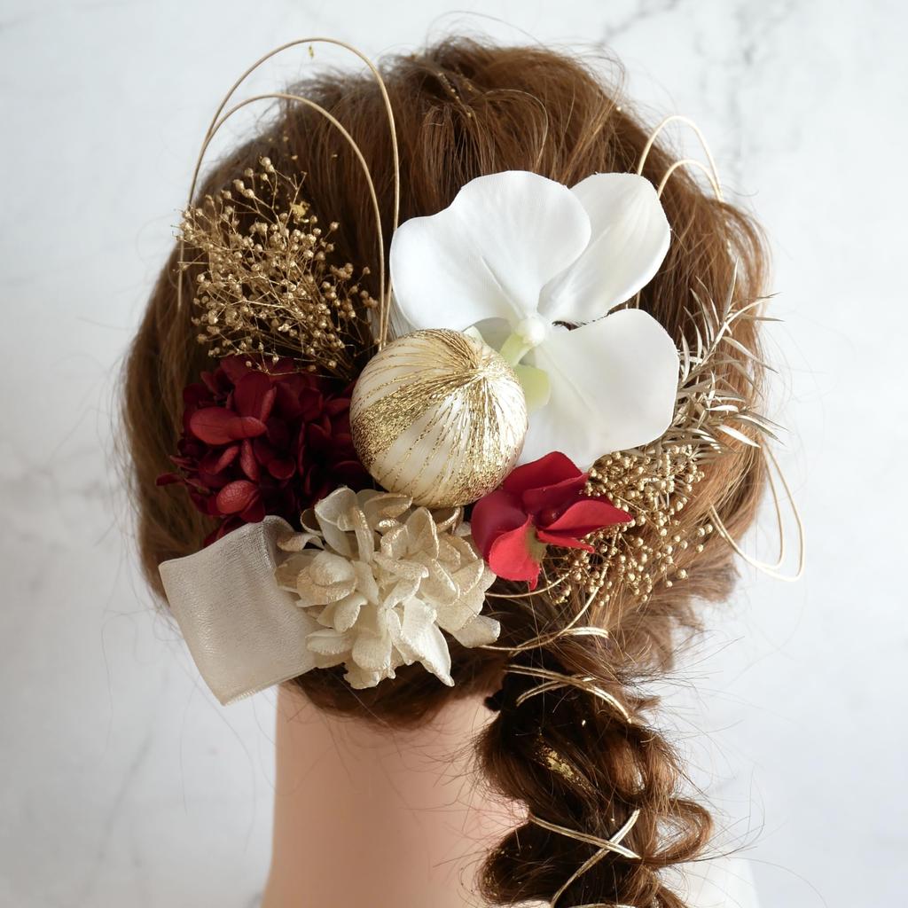 Dried and Preserved Flower Hair Ornament with Gold Japanese and Phalaenopsis Orchid Mizuhiki for and Japanese [Bria] Leaf, Balls, (red) Coming-of-age