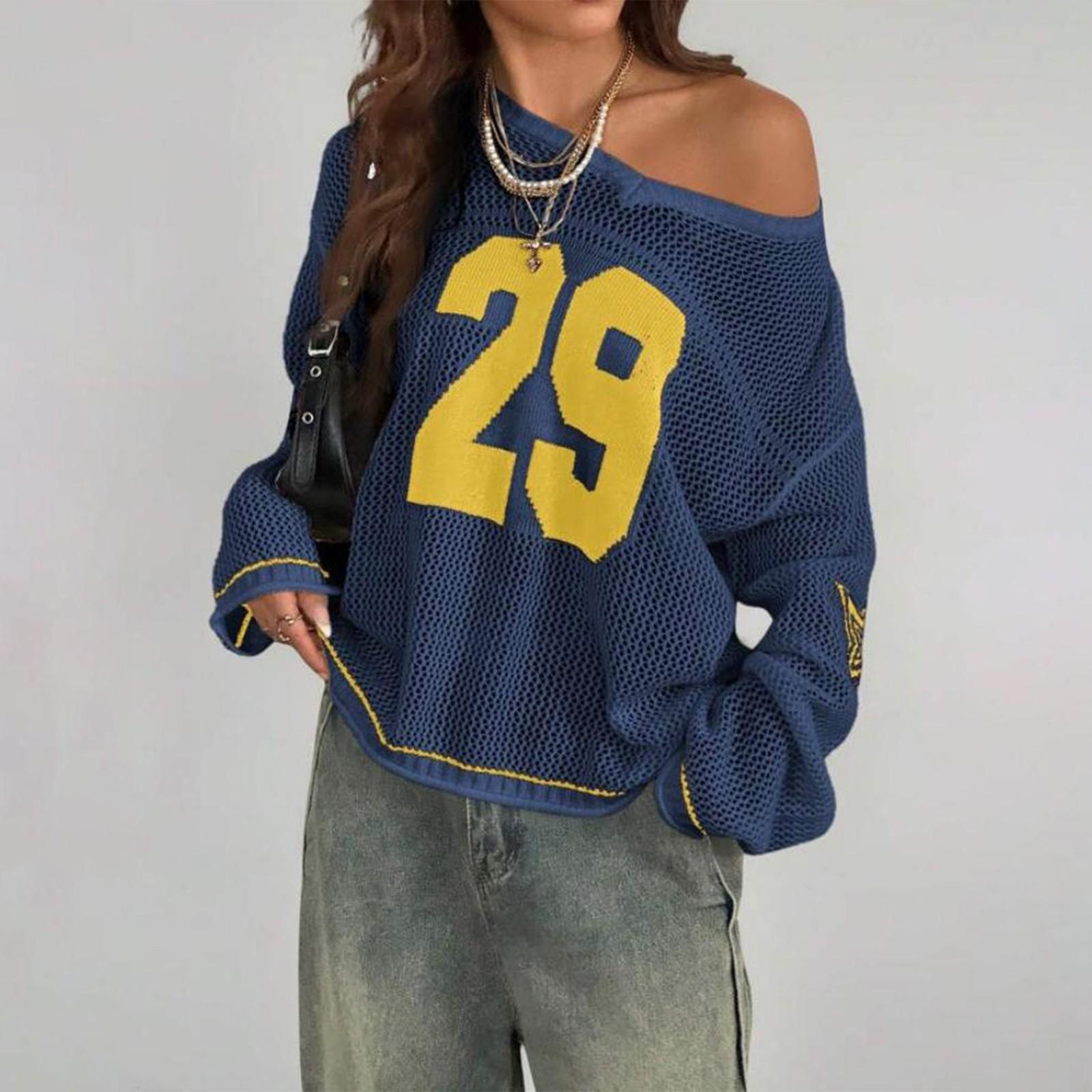 

Женский модный повседневный уличный тренд, вязаный топ с V-образным вырезом и длинными рукавами с цифровой печатью L