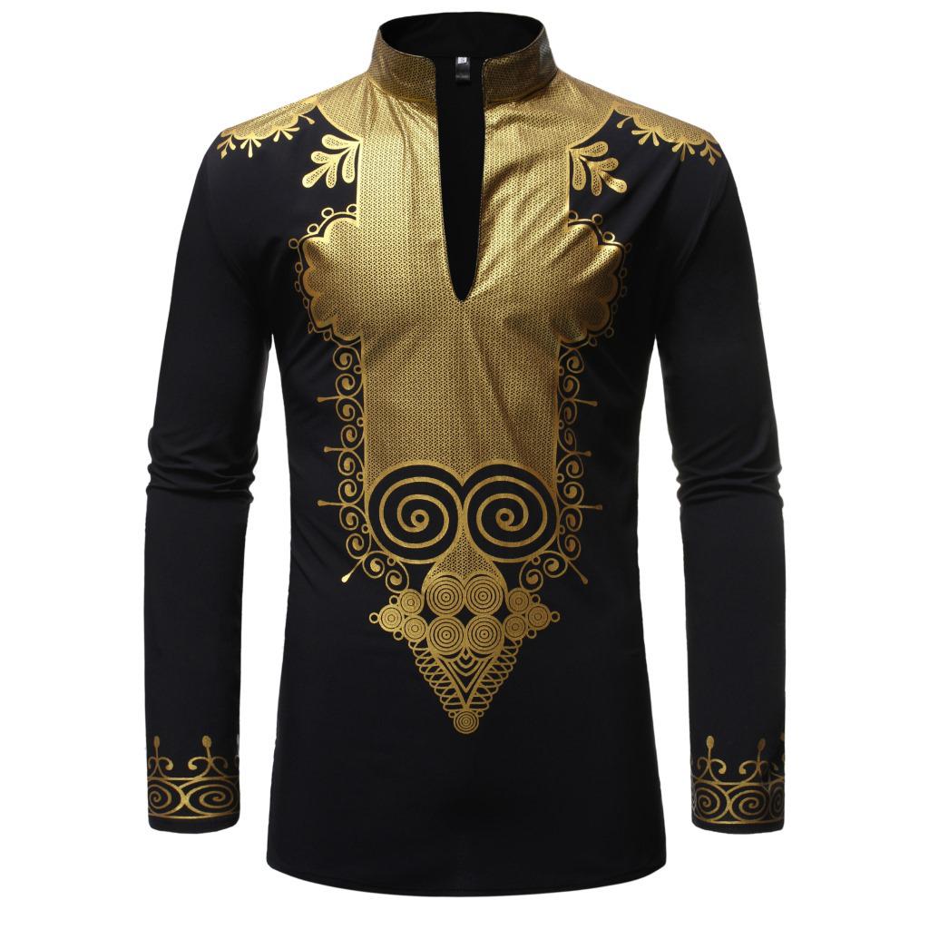 

Men s European Size African-Style Stand Collar Long Sleeve Shirt, Hot Stamped Print - ZT-FZ37 Medium чёрный