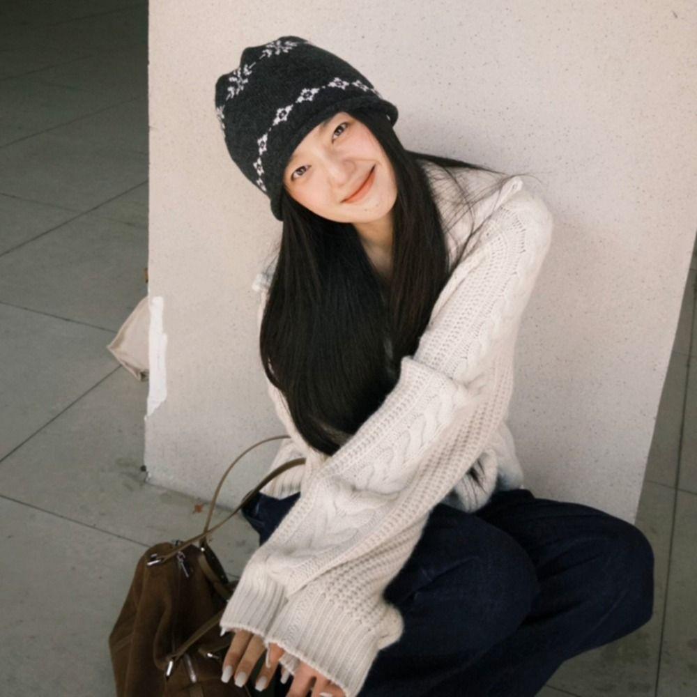 Printed Jacquard Knitted Hat Warm Printing Knit Cap Retro Ear Protection Hat  Autumn