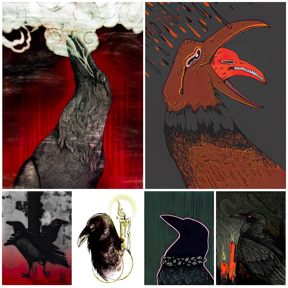 

Ворона - посланник ведьмы, винтажное настенное искусство, картина маслом, абстрактная черная ворона, винтажный плакат и издание