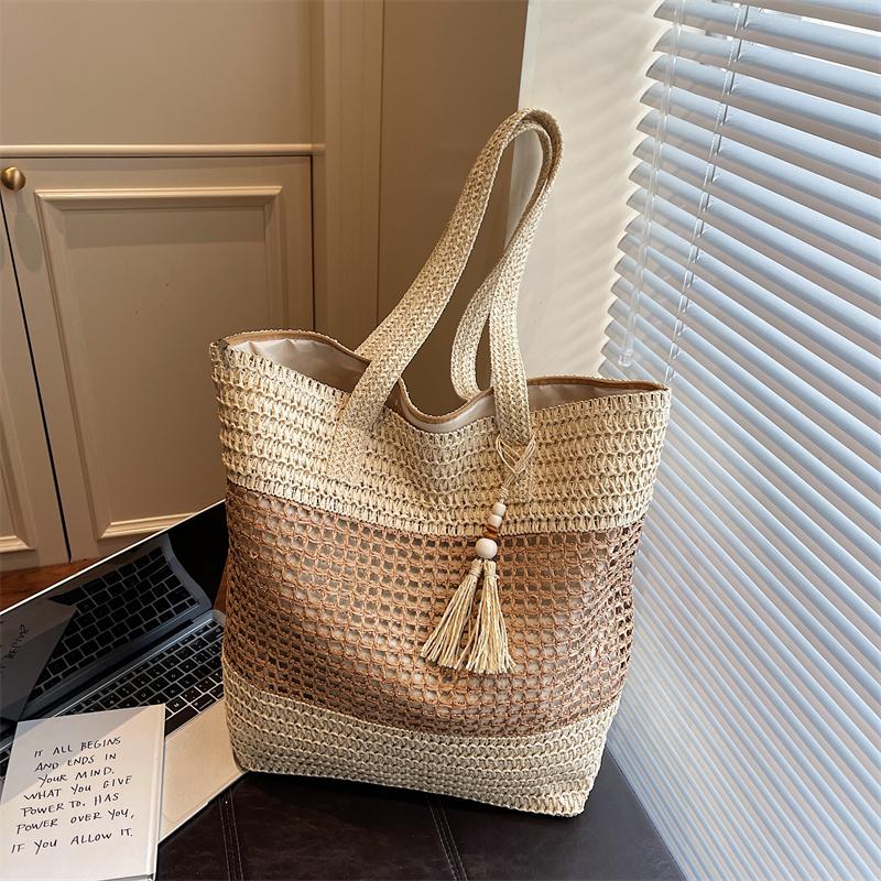Woven Straw Tote with Tassel Accent and Spacious Interior for Summer Beach or Casual Daily Use