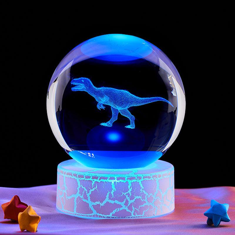 Dinosaur Cartoon 3D Crystal Ball Night Light - Luminous Glass Ornament Birthday Gift