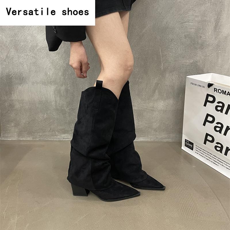 Vinter Designer Dam Knähöga Stövlar Mode Spetsig Tå Slip On Långa Stövletter Designer Tjocka Klackar Botas De Mujer