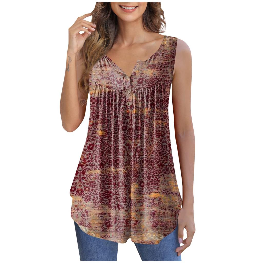 Women's Fashion Floral Printing Pleated Sleeveless Casual T-shirt Vest Button Top