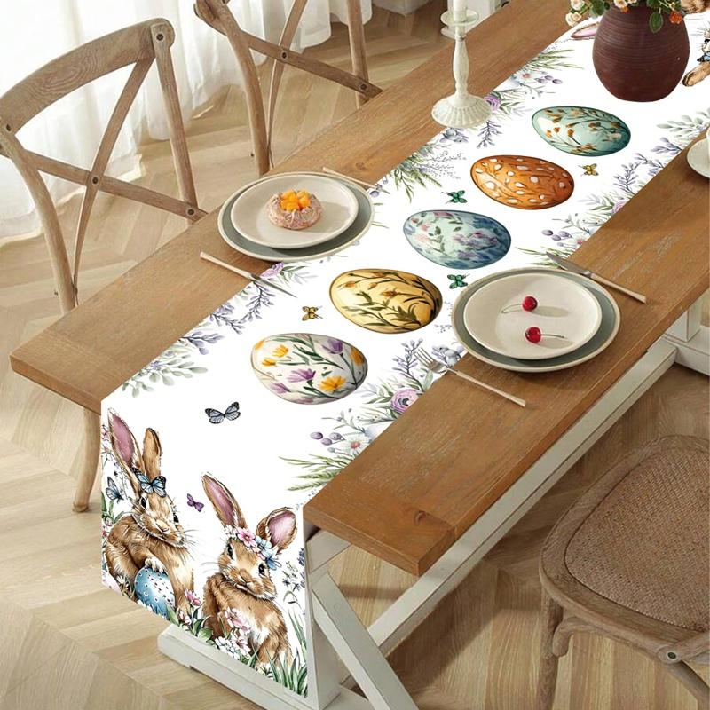 Easter Bunny Table Runner Rabbit Eggs Flower Table Cover Spring Holiday Easter Decorations For Home Kitchen Dining Table Decor