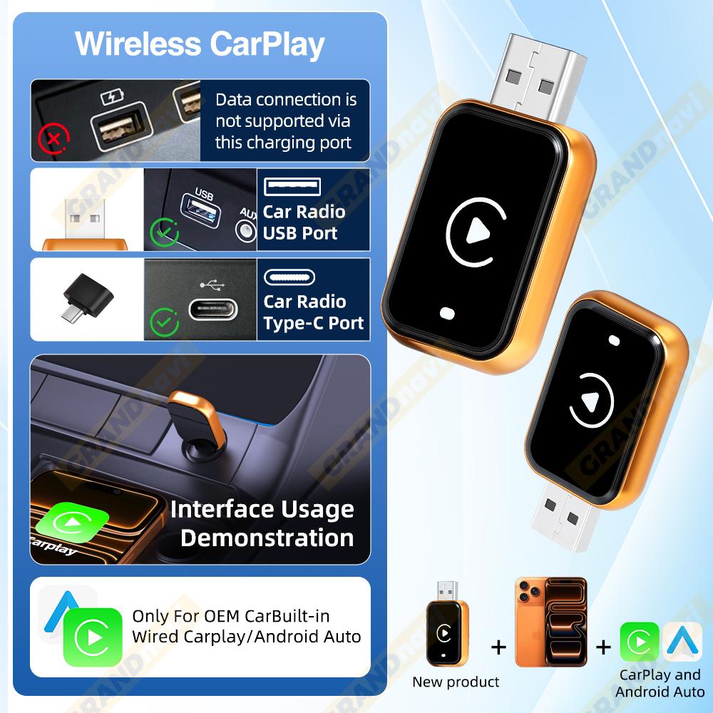 Wireless CarPlay Android Auto Apple Carplay Wireless Android Auto Orange Mini Car Play Adapter 2in1 AI Smart Box Bluetooth
