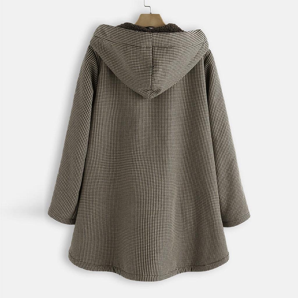 Women Winter Warm Outwear Lattice Printing Hooded Pockets Oversize Hasp Coats