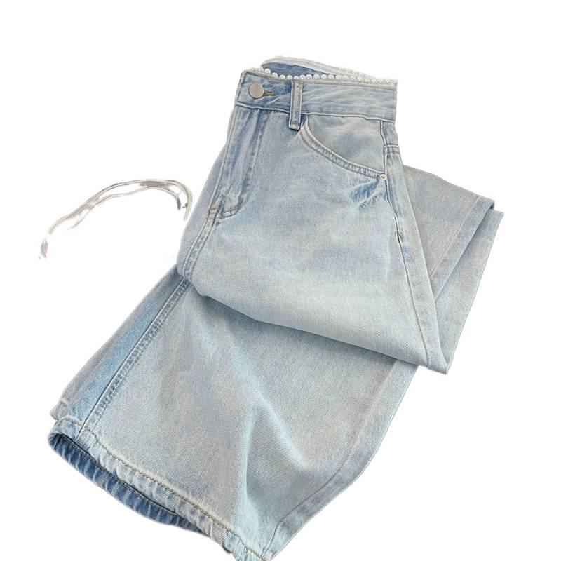 Korean Style Elegant Pearl Waist Rhinestone Light Jeans - Women's High Waist Straight Slimming Wide Leg Pants