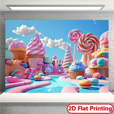 1 Lollipop Candy Paradise Photography Background Cloth - Fantasy Dessert Shop with Ice Cream Castle, Cupcake and Macaron