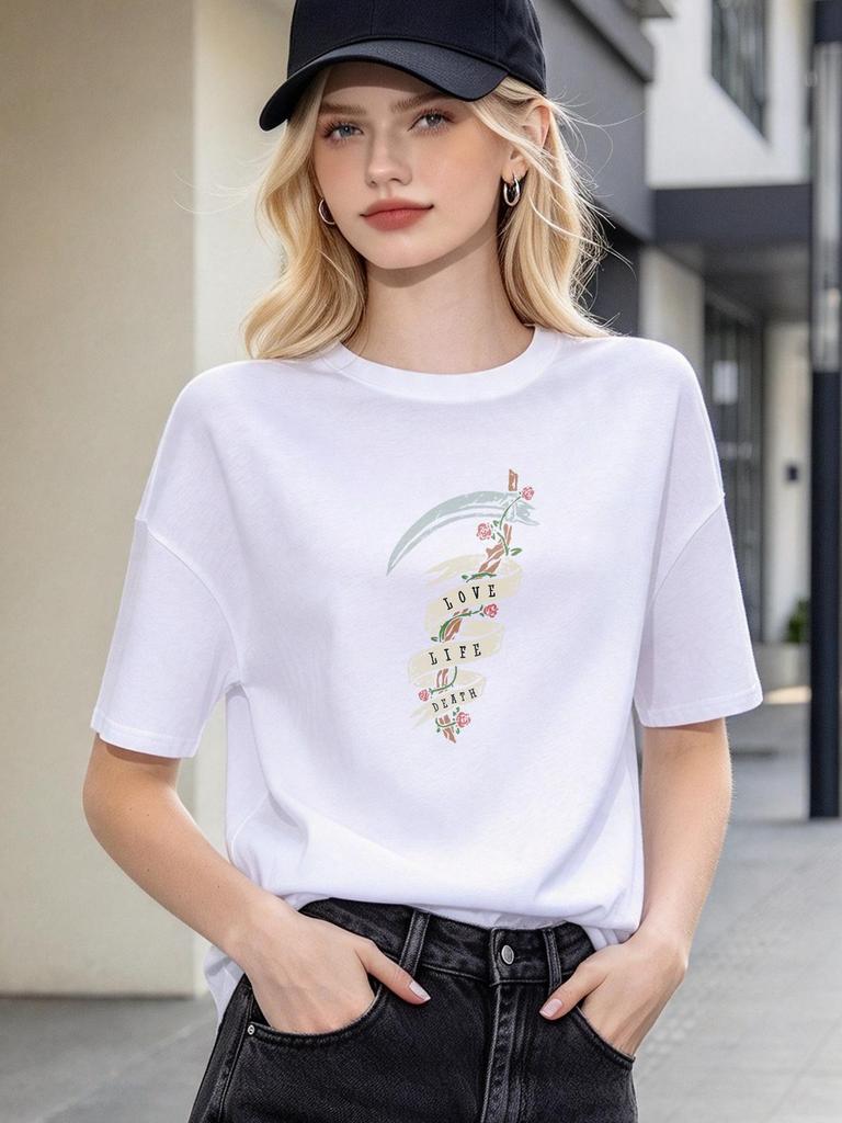 Gothic Sickle Print Casual Cotton Tees Unisex Loose Daily Streetwear Tops