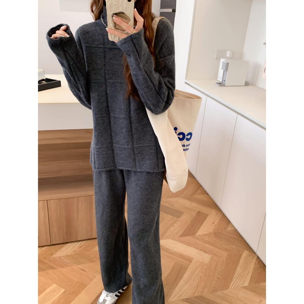 

2024 р. вільний і універсальний в’язаний светр із завищеною талією для жінок, вертикальні прямі повсякденні в’язані повсякденні штани, комплект із двох частин one size fits all темно-сірий